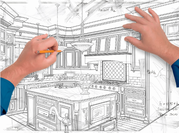 A person’s hands draw a detailed architectural sketch of a kitchen, featuring cabinets, an island, and a stove, with measurement notes and lines visible throughout the black-and-white illustration.